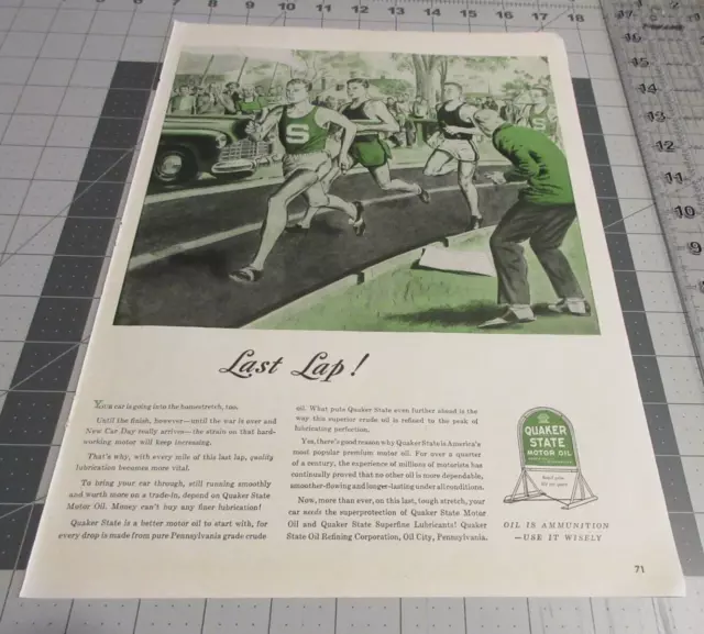 1945 Quaker State Motor Oil Track Meet Runners on Last Lap WWII ERA Print Ad