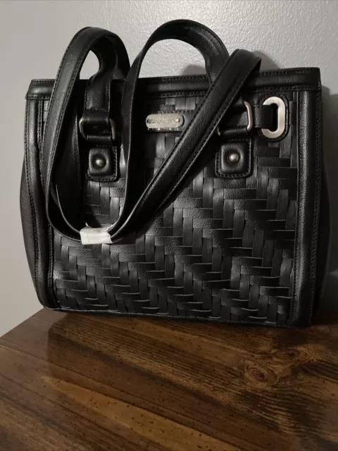"LONGABERGER" Woven Leather Stairstep Weave Shoulder Bag in Black