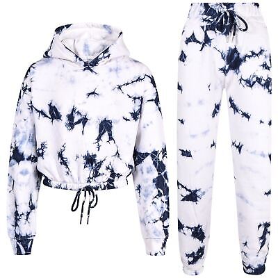 Kids Tie Dye Navy Tracksuit Gym Cropped Hoodie Sweatpants Cord Outfit Set Girls