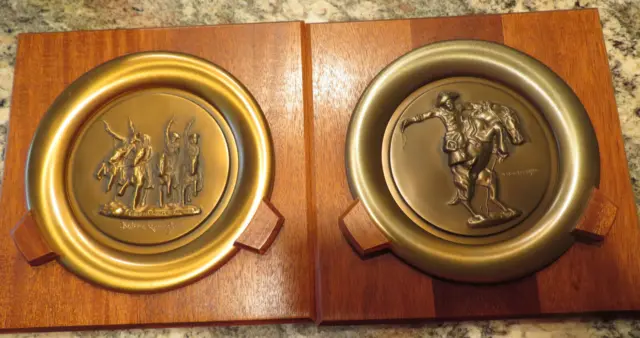 2 Frederick Remington Bronze Plates & Holders Bronco Buster Coming thru Rye