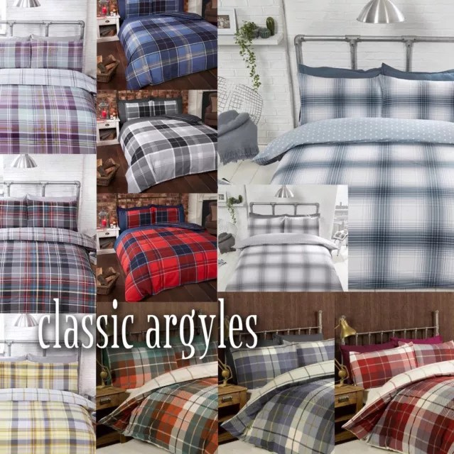 Argyle Tartan Check & Reverse Pin Stripe Duvet Quilt Cover Bedding + Pillowcases