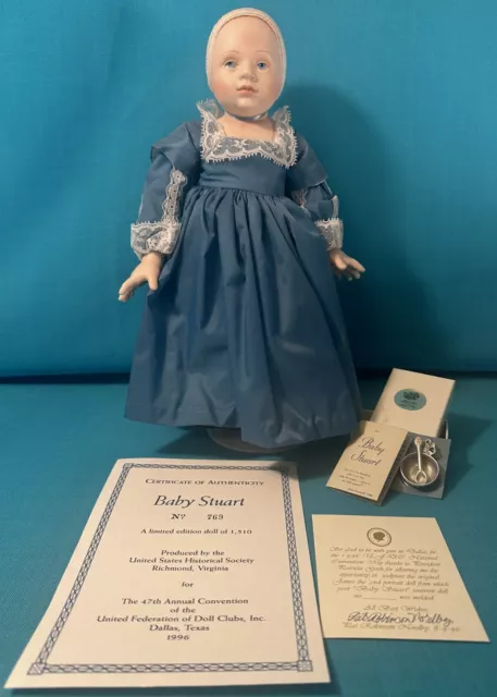 UFDC 1996 BABY STUART doll by US Historical Society with pewter bowl, spoon, box