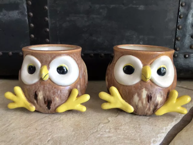 Vintage Duncan Enterprises Ceramic Drip Glaze Owl Mug with Feet Set 2 MCM Retro