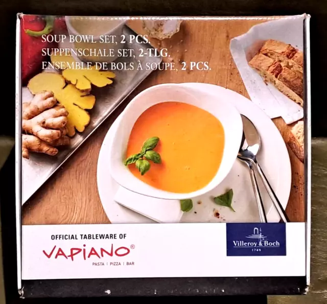 Villeroy & Boch/Vapiano: Soup Bowl Two Piece Set: Premium White Porcelain: New!!