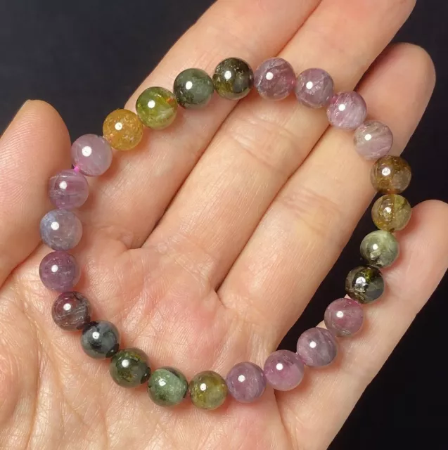 Natural Rainbow Tourmaline Beaded Gemstone Stretch Bracelet Handmade