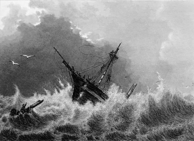 UN NAUFRAGÉ en PLEINE MER - Gravure du 19e siècle