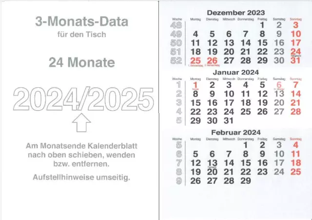 Ersatzkalendarium für 3 Monatskalender 2024 - 2025 / Ersatzblätter Tischkalender