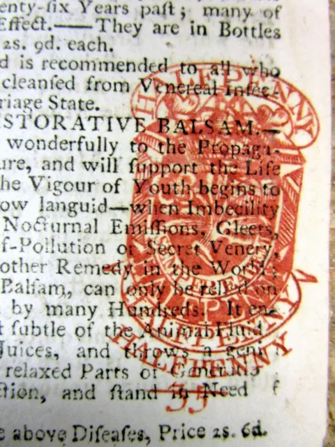 1790 newspaper w an original British Halfpenny RED TAX STAMP on the front page