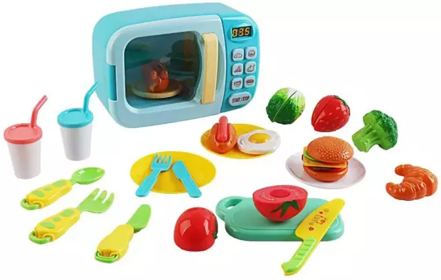 Pretend Kitchen Electric Microwave Play Set Kid Cooking Toys w/ Light Sound Gift