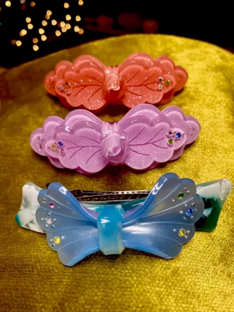 Large 4” Acrylic Hair Barrette Lot Of (3) Flower Bow Rhinestones Blue/Pink/Coral