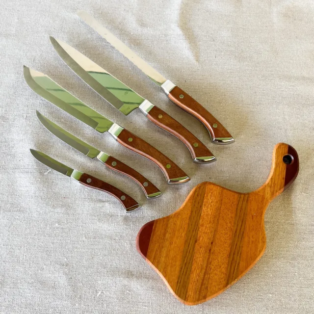Mid Century Kitchen Knife Set w/ Wood Cutting Board - Vintage Knives