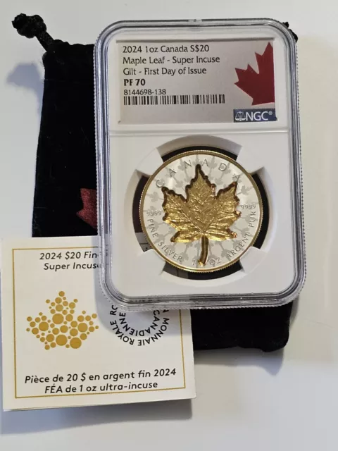 2024 Canada Super Incuse Maple Leaf 1 oz Silver Gilded Coin NGC PF 70