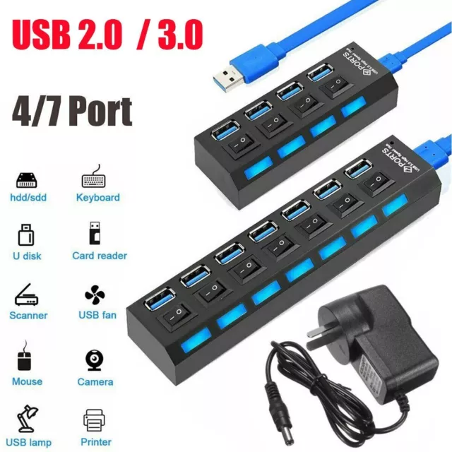 4/7 Port USB 3.0 2.0 High Speed Hub Powered Splitter ON/OFF Switch Power Adapter