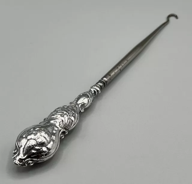 Large Edwardian Birmingham 1906 Hallmarked Silver Handled Cherub Button Hook 61g