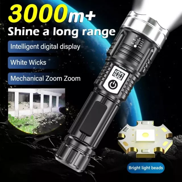 30W LED Flashlight USB Rechargeable Zoomable Torch Super Bright Spotlight Lamp