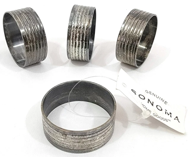 4 ANILLOS DE SERVILLETA SONOMA estriados tono plateado metal empañado granja rústica