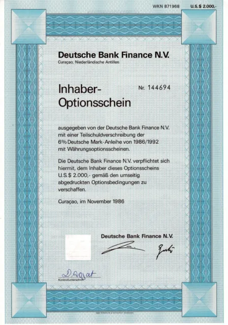 Deutsche Bank Finance N.V, Curacao, 1986, 6% Inhaber-Optionsschein (2.000 $)