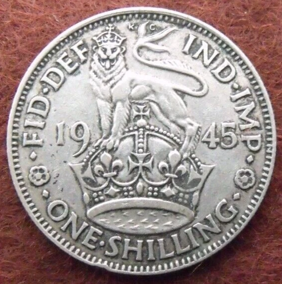 1945 GEORGE VI  SILVER SHILLING  ( 50% Silver )  British 1s Coin.   180