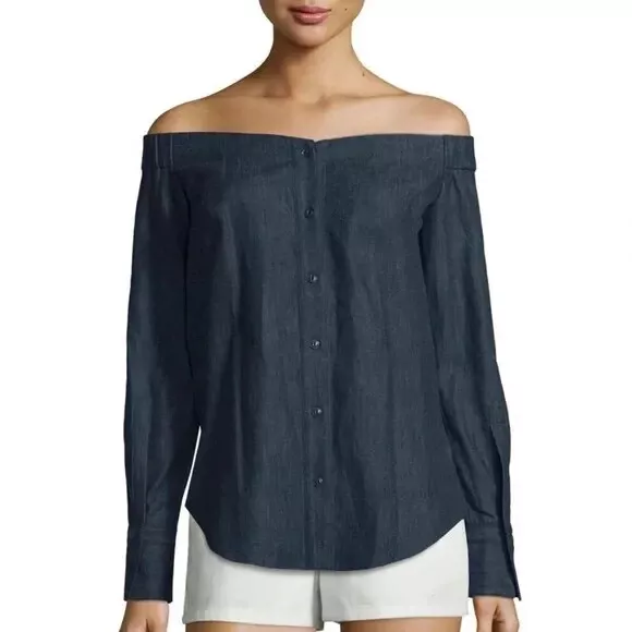 Rag & Bone Kacy Indigo Blue Denim Chambray Off Shoulder Top- XS