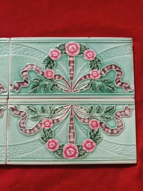 4 Piece Art Deco Small Floral Design Majolica Ceramic Tiles Japan 0297 5