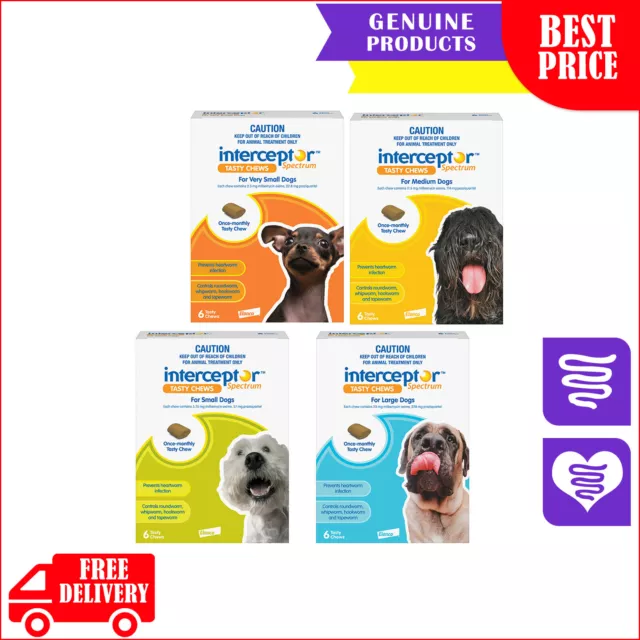 Interceptor Spectrum Heartworm treatment 6 chews for Dogs Long Expiry FREE Ship