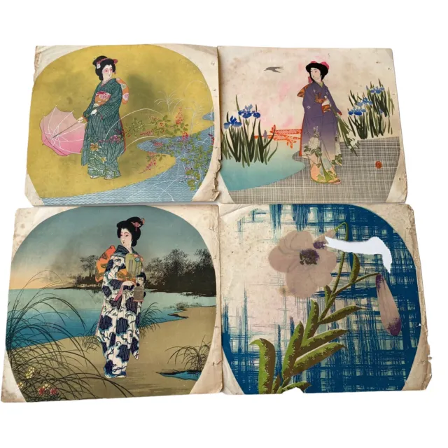 Antique Japanese Ukiyo-e Woodblock 4 Prints For Uchiwa Paper Fan Bijin-ga Kimono