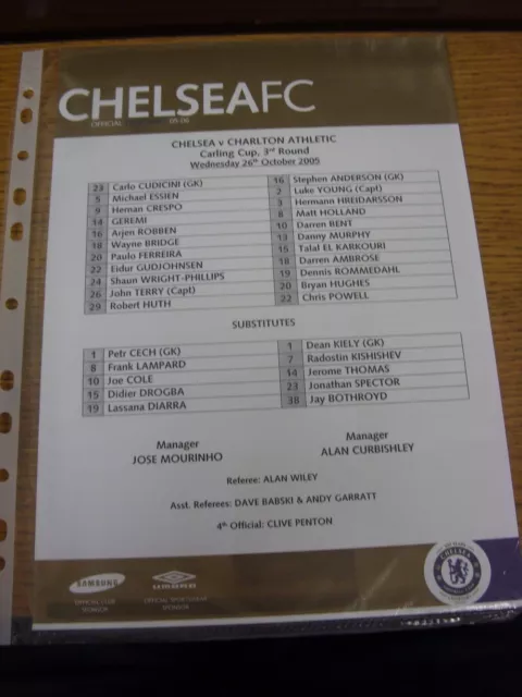 26/10/2005 Colour Teamsheet: Chelsea v Charlton Athletic [Football League Cup] .