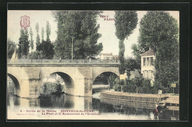 CPA Joinville-le-Pont, Bords de la Marne, Le Pont et le Restaurant de l'Ermitag