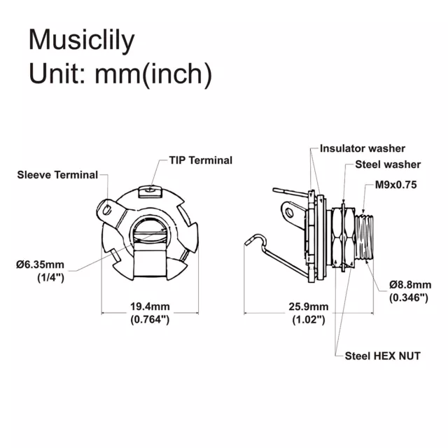 Musiclily Pro Nickel 1/4 inch Mono Output Jack Socket 2-Contact For Guitar Bass 2