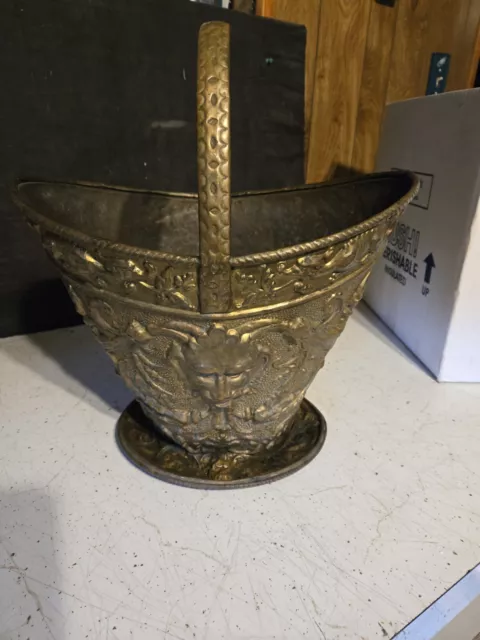 VINTAGE BRASS COAL HELMET SHAPED BUCKET w/ DEVIL FACE, SLIGHT DAMAGE