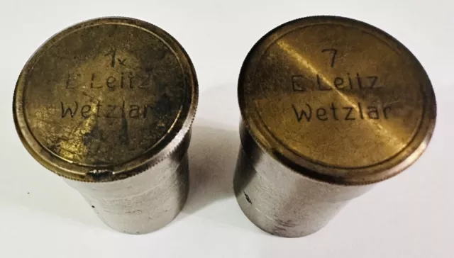 2 Antique Brass Empty Ernst Leitz Wetzlar Objective Canister Microscope #7 & 1x