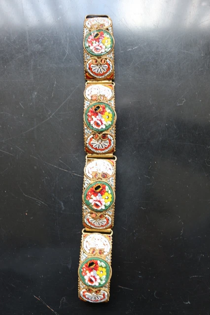 Bracelet Ancien Micro-mosaïque Italien - Roses Sur Laiton Perlé - Occasion