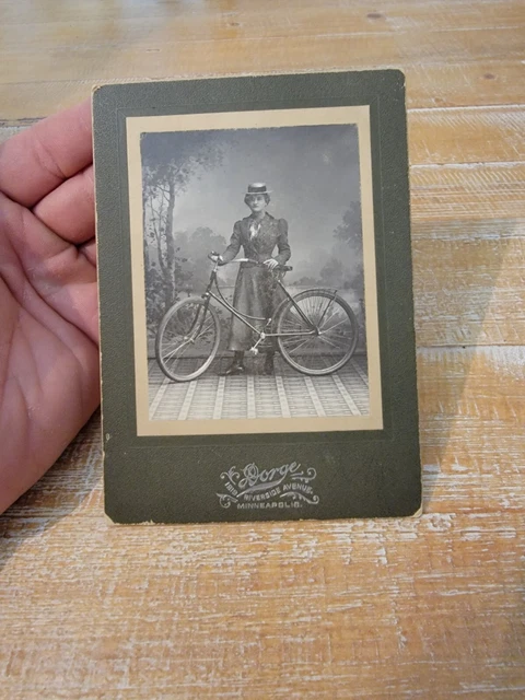 Girl WITH BICYCLE.VTG LATE 19TH OR EARLY 20TH CENTURY CABINET PHOTO 4 /1/4" x 6"