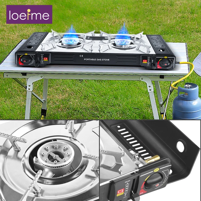 1/2 flammig Camping Gas Kocher Outdoor Campingkocher 2-in-1 LPG Anschluss Herd