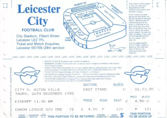 Leicester City v Aston Villa UNUSED match ticket, Division 1, December 1985