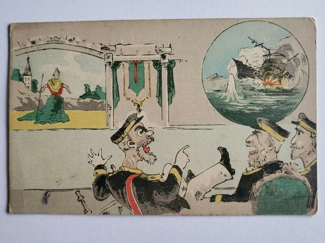 👍1904 China Russo-Japanese War Russian Dumbfounded At Warship Sinking Postcard