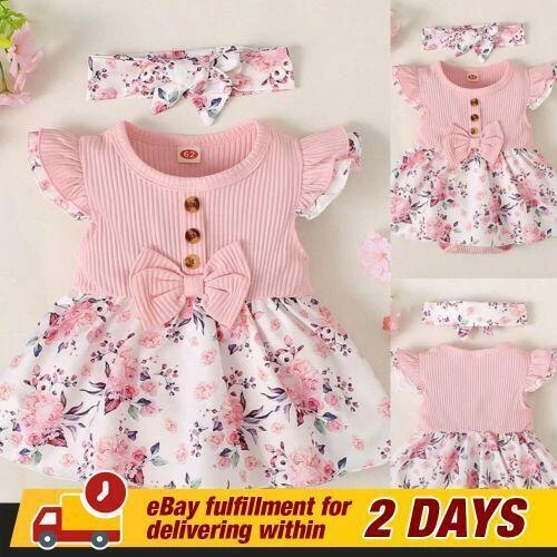 Newborn Baby Girls Floral Romper Dress Headband Ruffle Ribbed Outfit Set Clothes