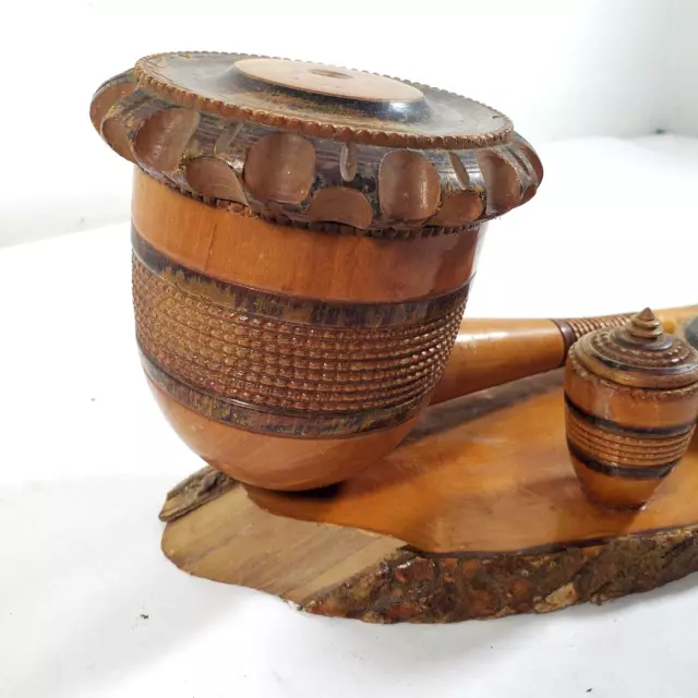 Vintage Hand Carved Wood Pipe Set Large With stand 3