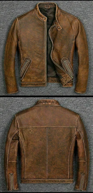 Giacca in pelle uomo Biker marrone vintage moto effetto invecchiato Cafe Racer 2