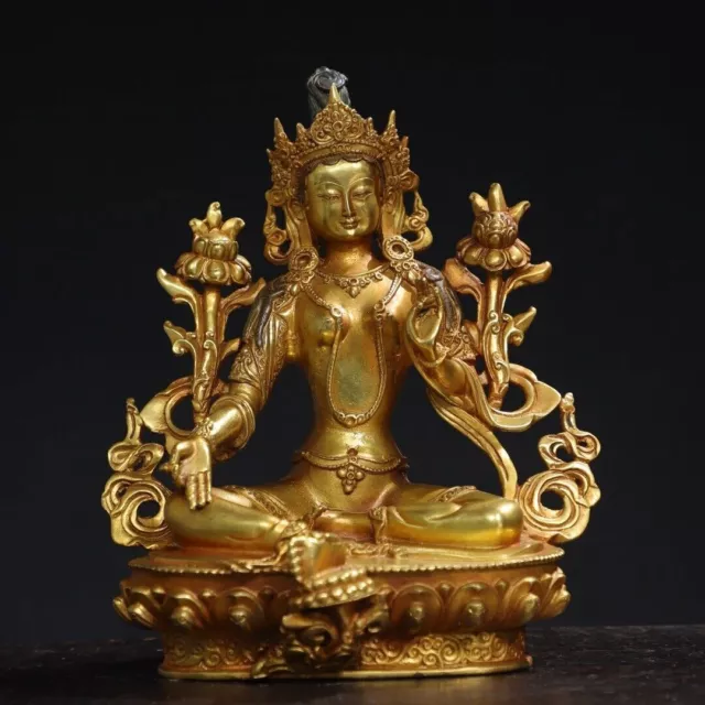 8.3" China Old Tibetan Buddhism temple Bronze 24k gilt green Tara Buddha statue