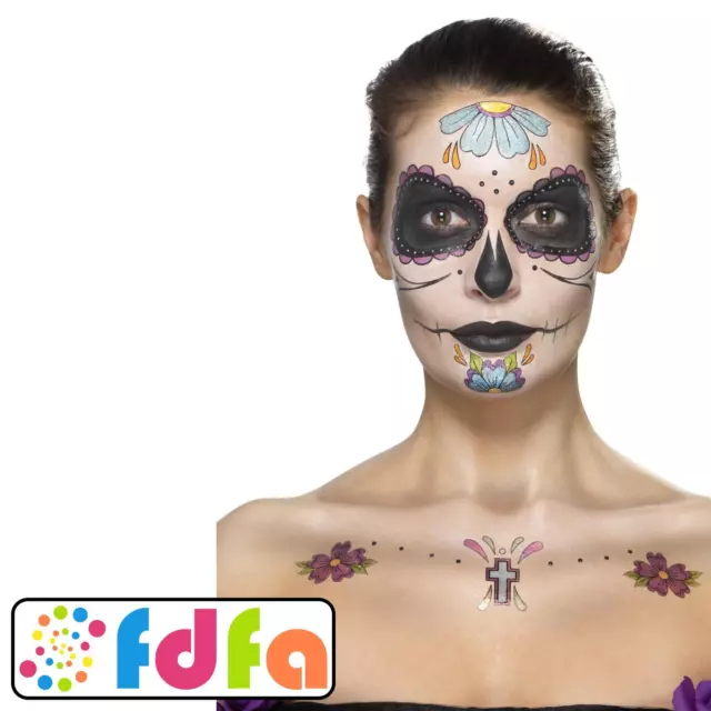 Smiffys Day Of The Dead Face Tattoo Transfers Kit Adults Halloween Fancy Dress