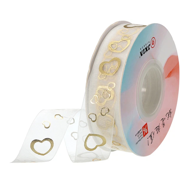 Cinta de gasa transparente con cable de organza de 1 pulgada 10 yardas de ancho oro amor corazón impreso