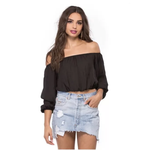 SHOW ME YOUR MUMU | Women’s Black Off Shoulder Chiffon Lima Scrunch Top Medium 3