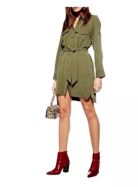 Topshop Women's Long Roll Tab Sleeve Utility Dress in Green Size 6 MSRP $75