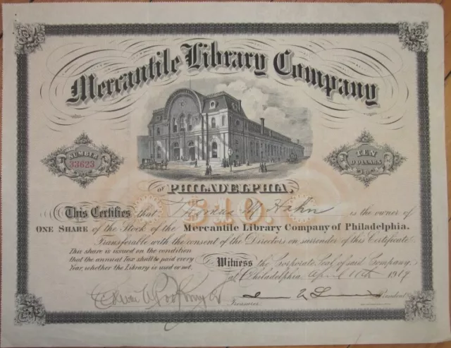 Mercantile Library Company of Philadelphia, PA 1919 Stock Certificate