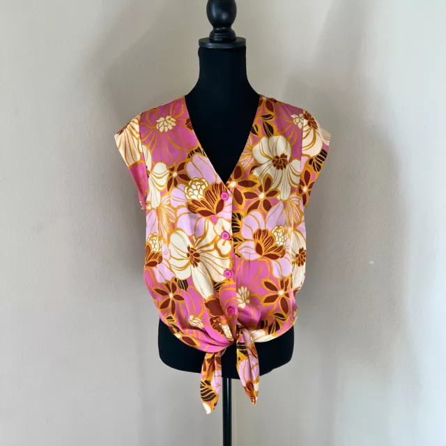 DR2 Daniel Rainn -Satin Tie Front Button Up Tropical Floral Blouse - Pink - M