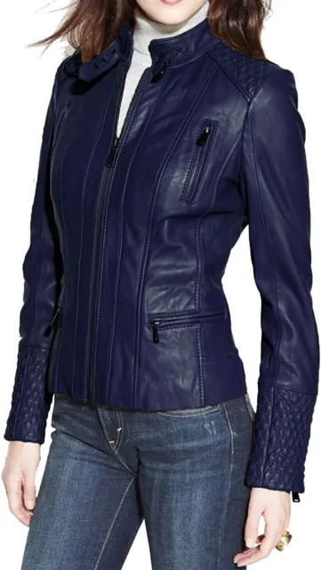 Women Genuine Leather Jacket Navy Blue Lambskin Pure Leather Bomber Biker Jacket