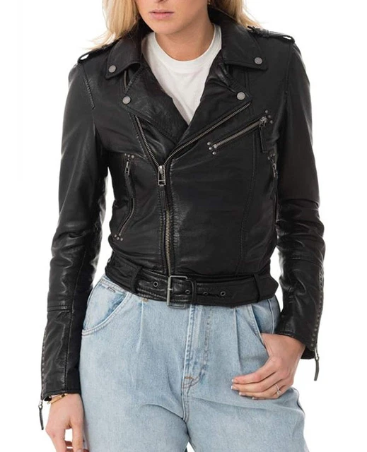 Jacket Womens Leather Biker Motorcycle Coat Vintage Lambskin Slim Fit Black A2