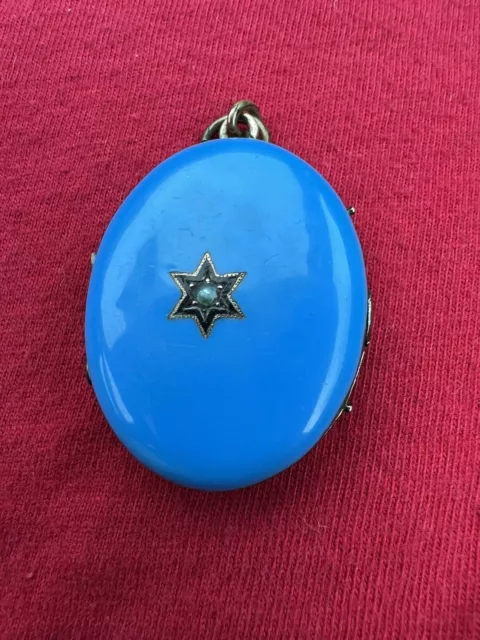 Antique Victorian Blue Enamel Seed Pearl Star Mourning Brooch Locket Pendant