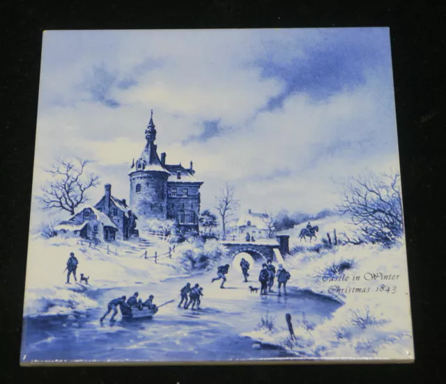 Royal Mosa Blue & White Delft Holland Ceramic Tile, 1843 Castle, Christmas